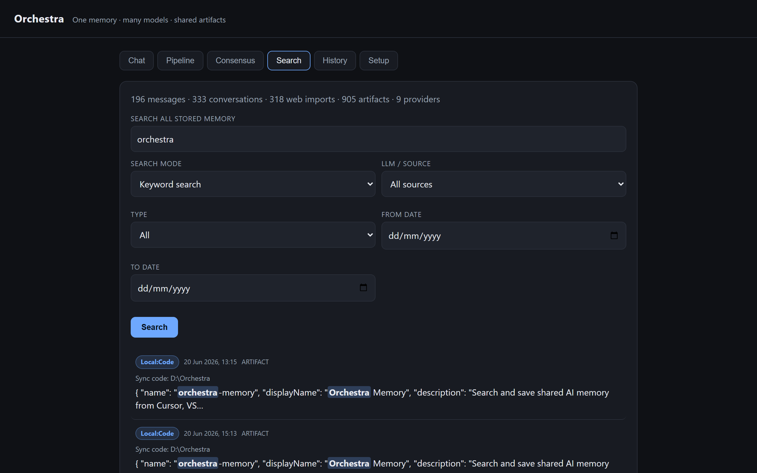 Orchestra hybrid search with filters and results