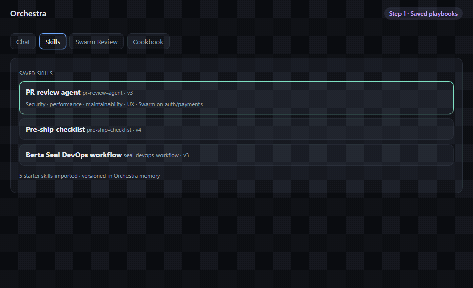 Demo: saved Skills injected into Orchestra+ chat and the agent follows your PR review playbook