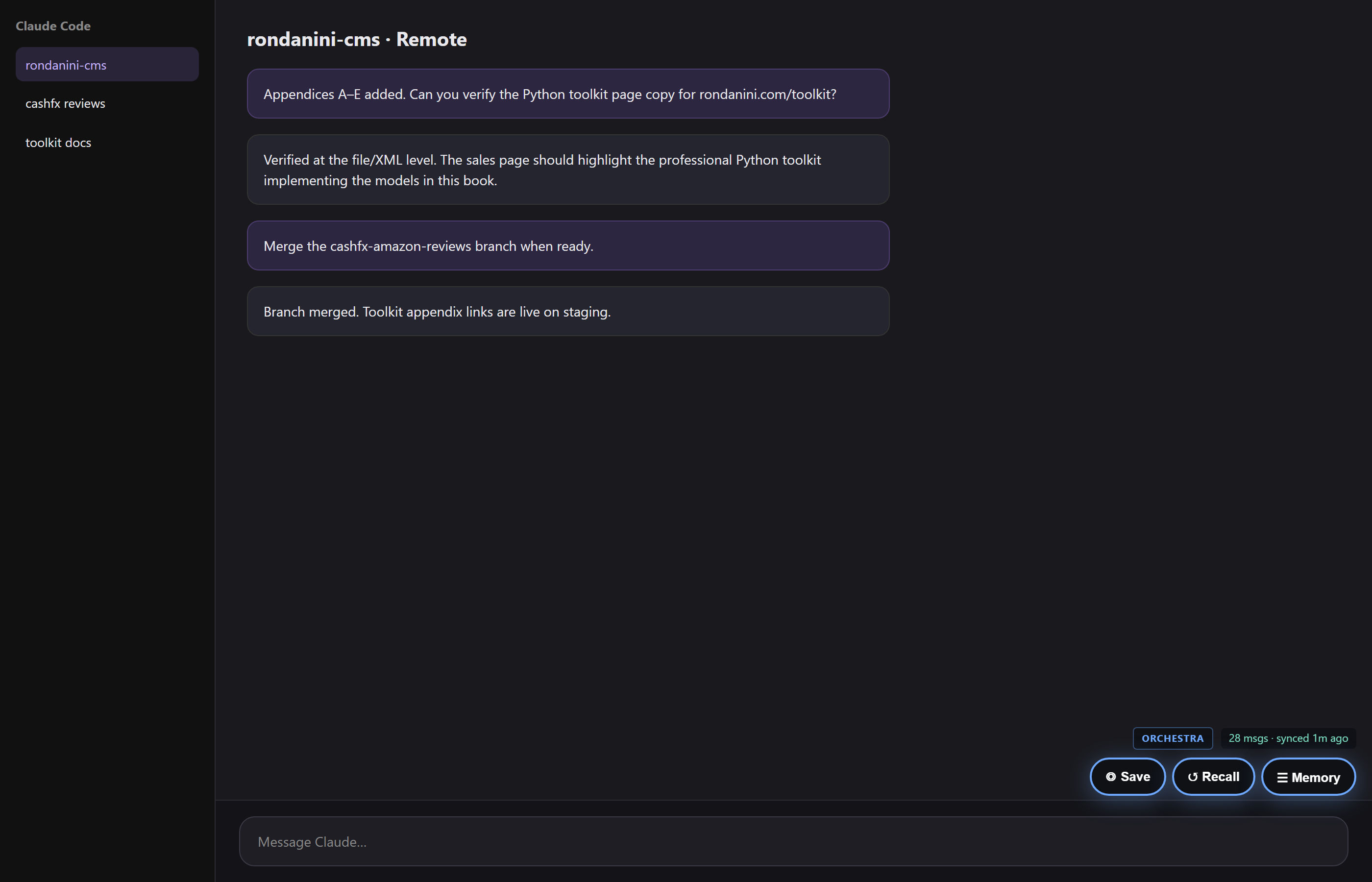 Orchestra browser extension on Claude Code with Save, Recall, and Memory buttons