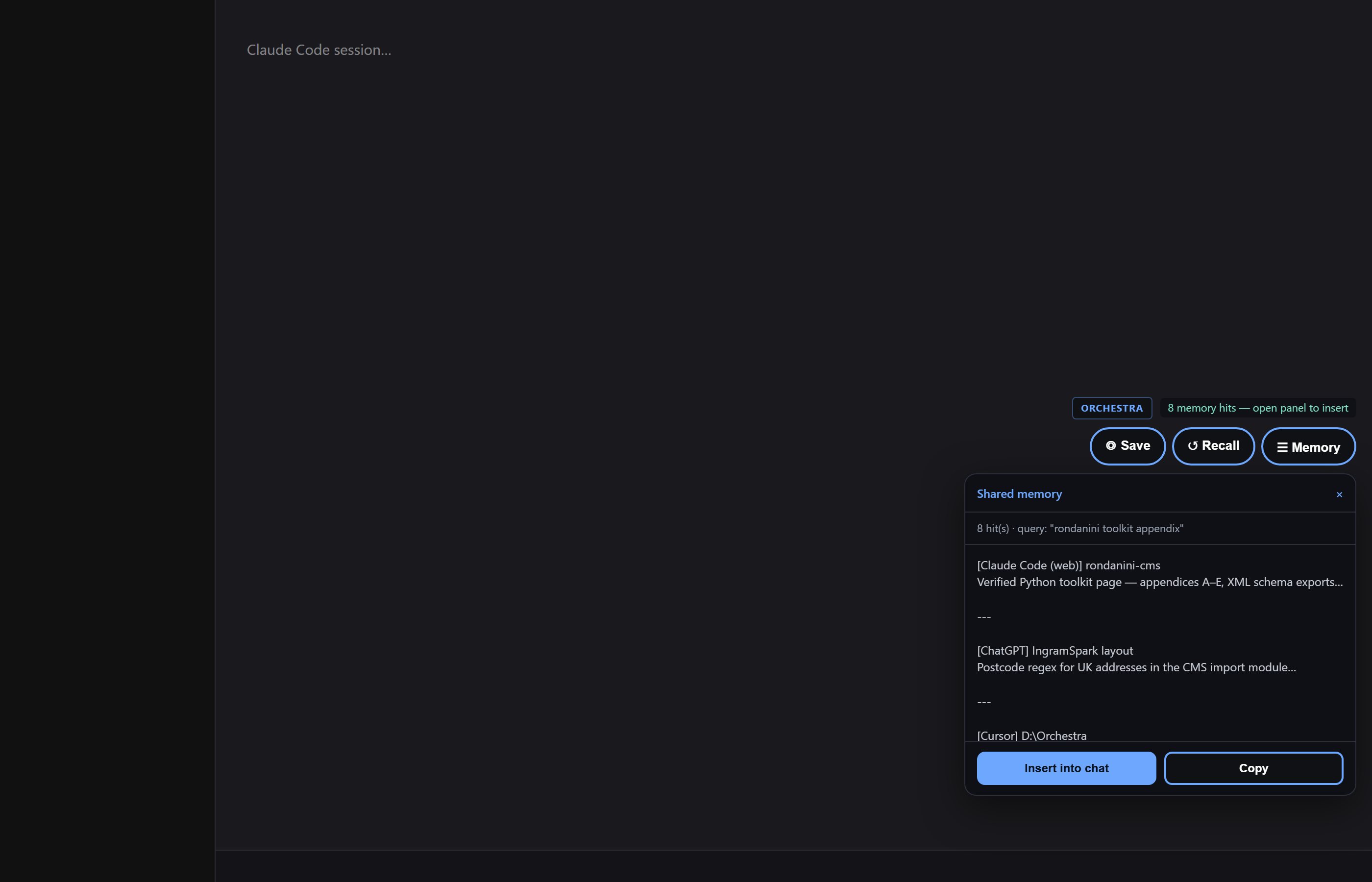 Orchestra memory panel with Insert into chat