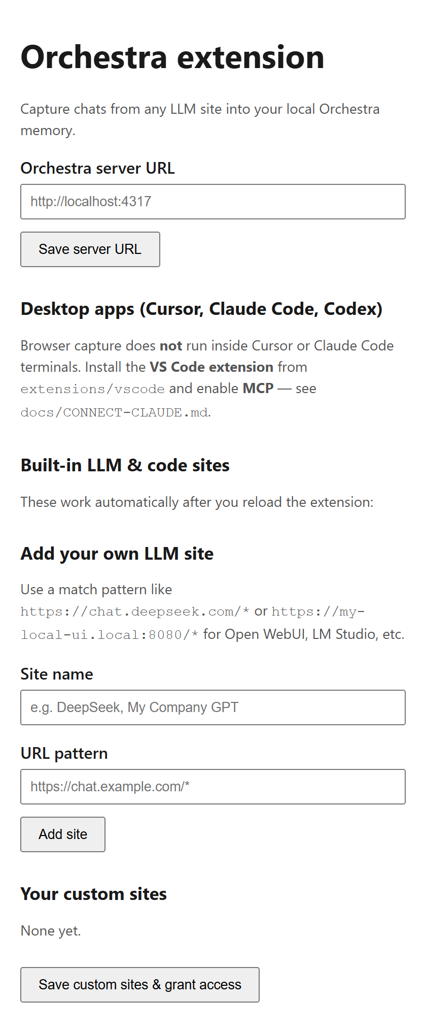 Orchestra extension options and custom sites
